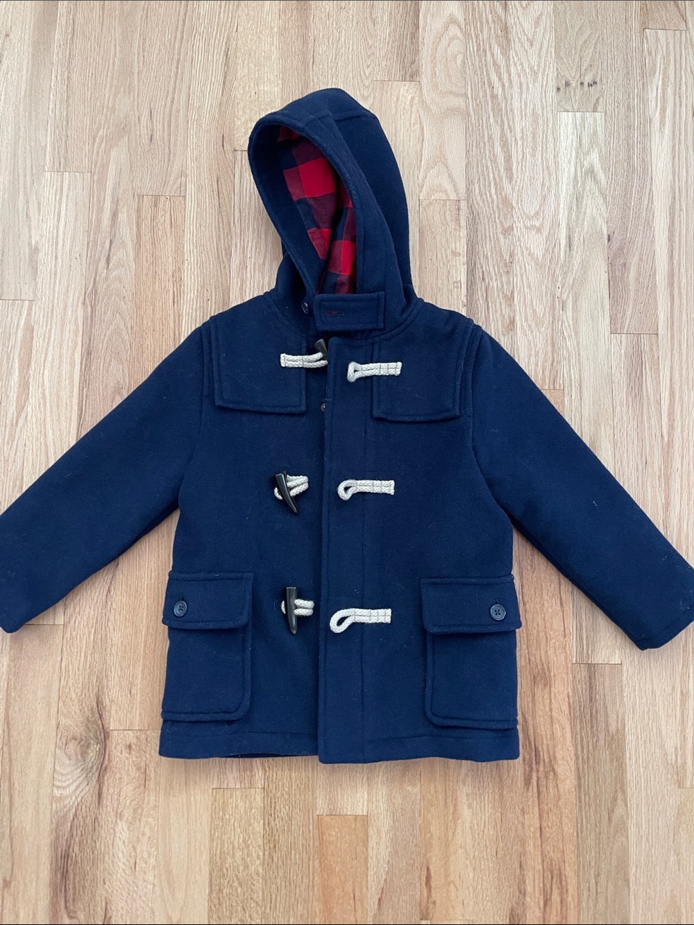 GAP Navy Hooded Pea Coat with Red Plaid Lining- size 5